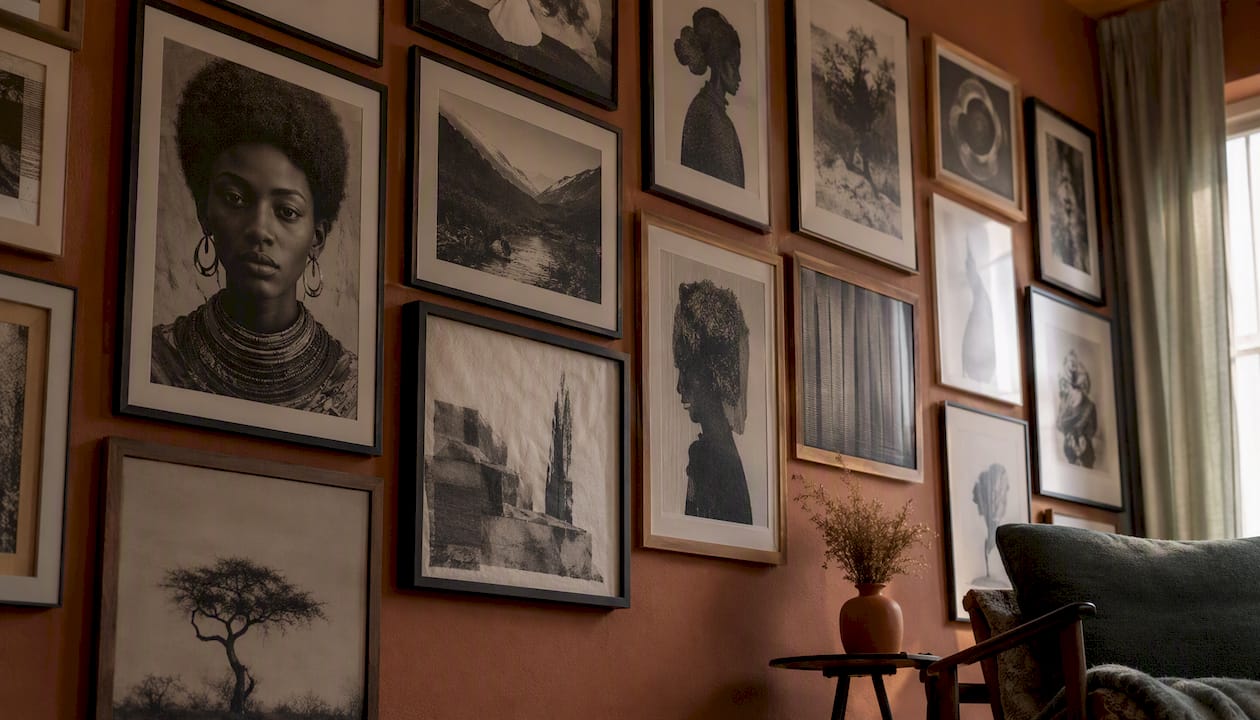Dense salon style monochrome art wall arrangement