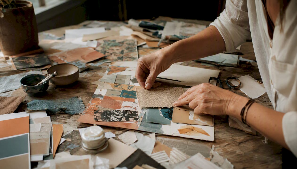 Hands layering collage pieces on table