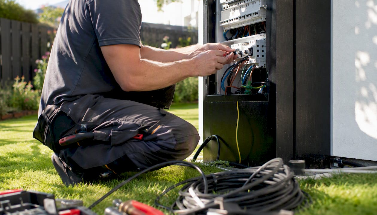 Een elektricien werkt aan de meterkast tijdens het installeren van een laadpaal.