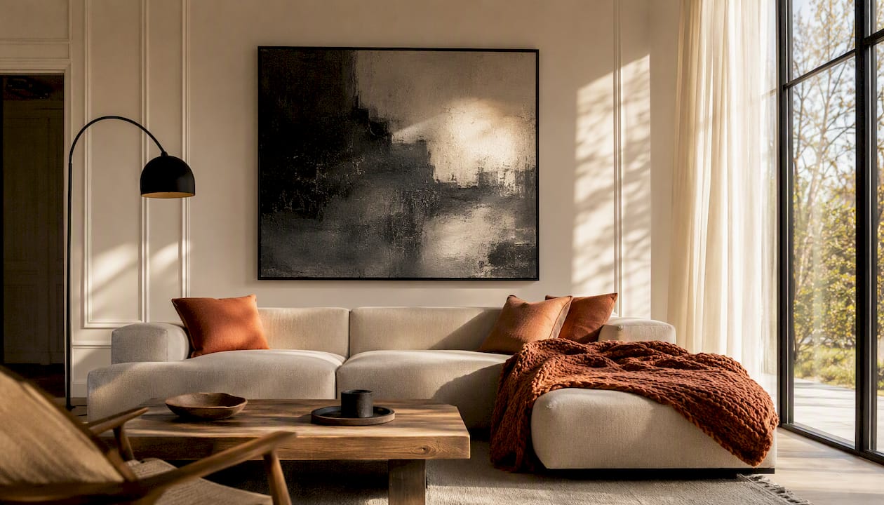 Neutral modern living room with monochrome abstract art