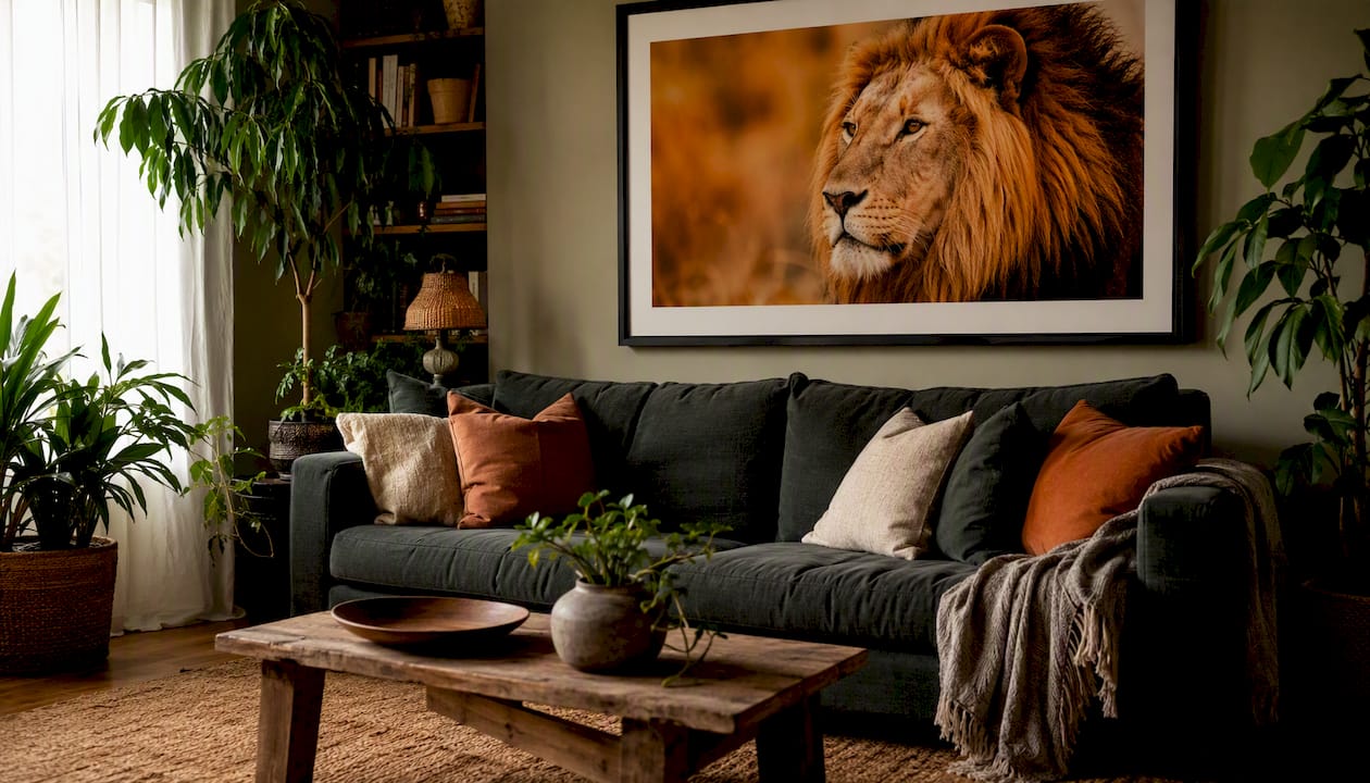 Large wildlife safari print over sofa