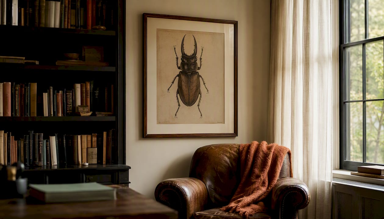 Framed vintage insect print in study