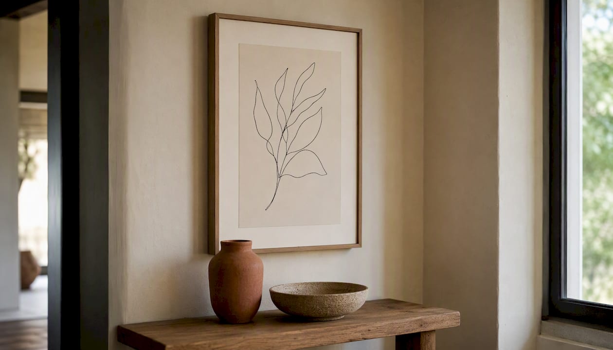 Line art botanical framed print in hallway