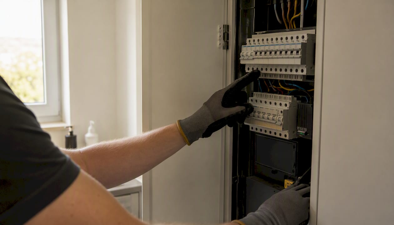Een elektricien controleert de bedrading in de meterkast.