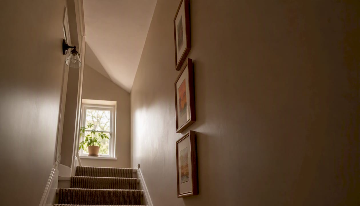 Narrow stairwell with minimal diagonal framed art