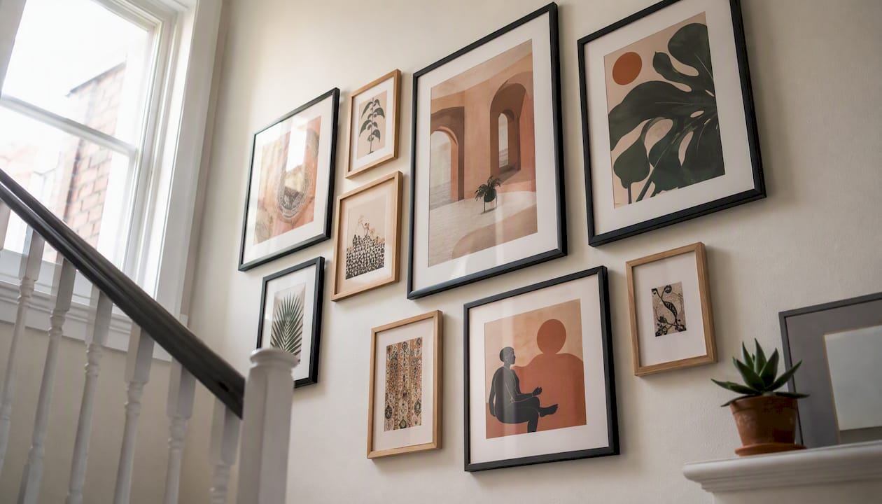 Salon cluster of framed art on staircase landing wall