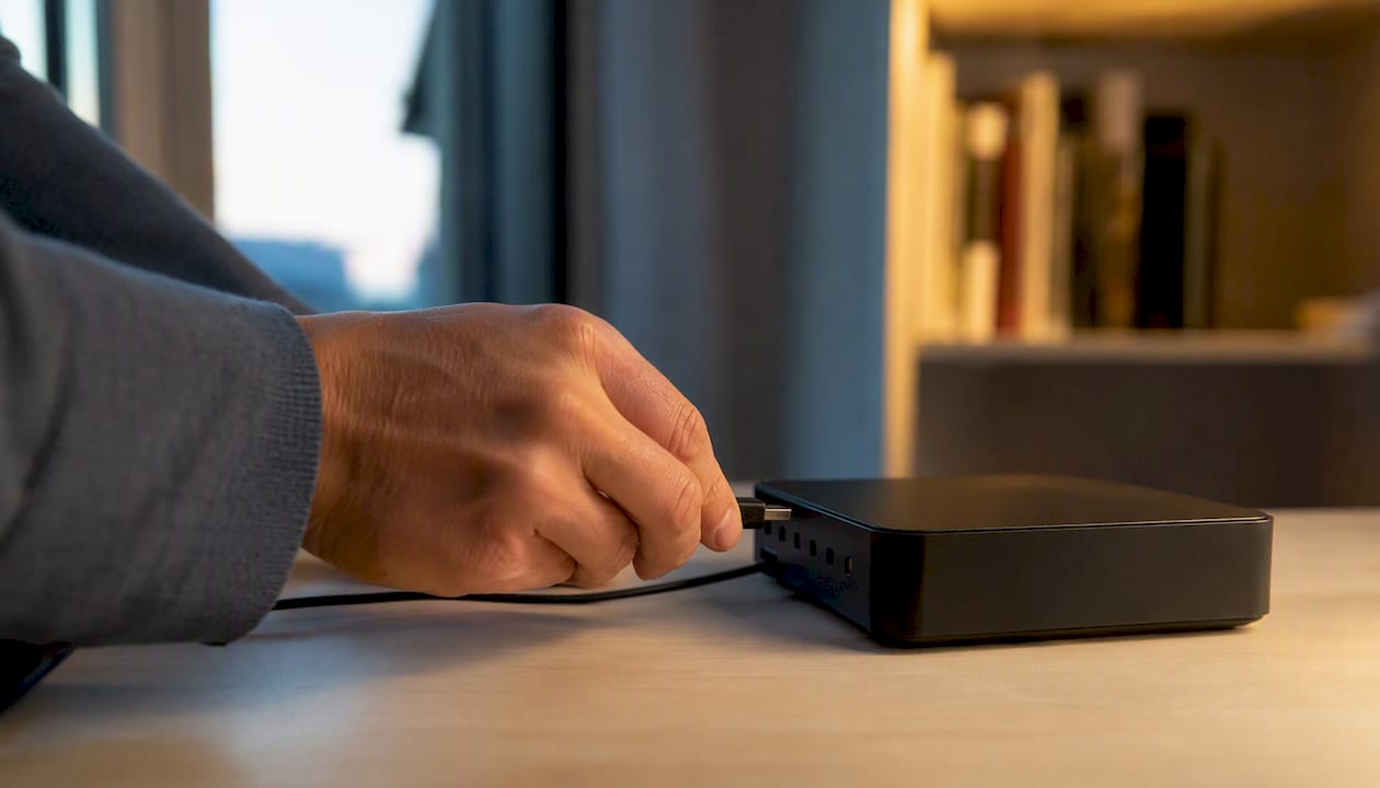 Handen sluiten een kabel aan op een analyseapparaat