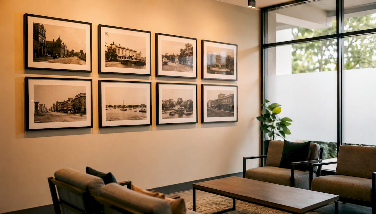 Local photography gallery wall in lounge
