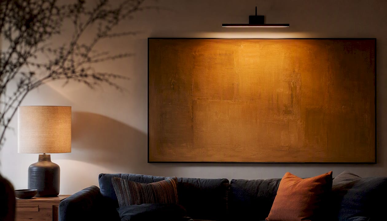 Large warm art above sofa in dim room