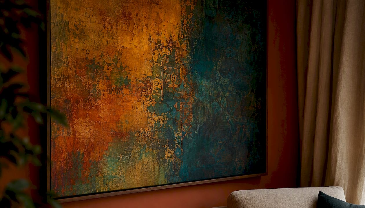 Saturated warm colour textured canvas on wall