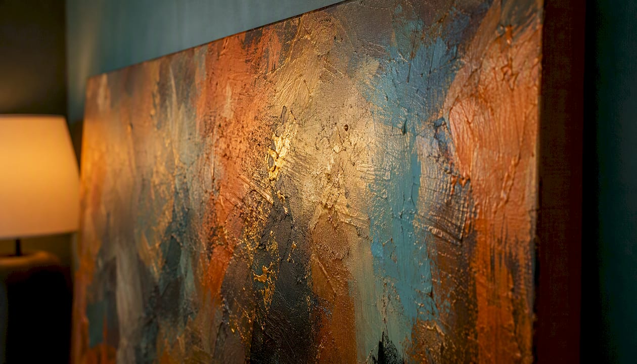 Textured varnished canvas reflecting warm light