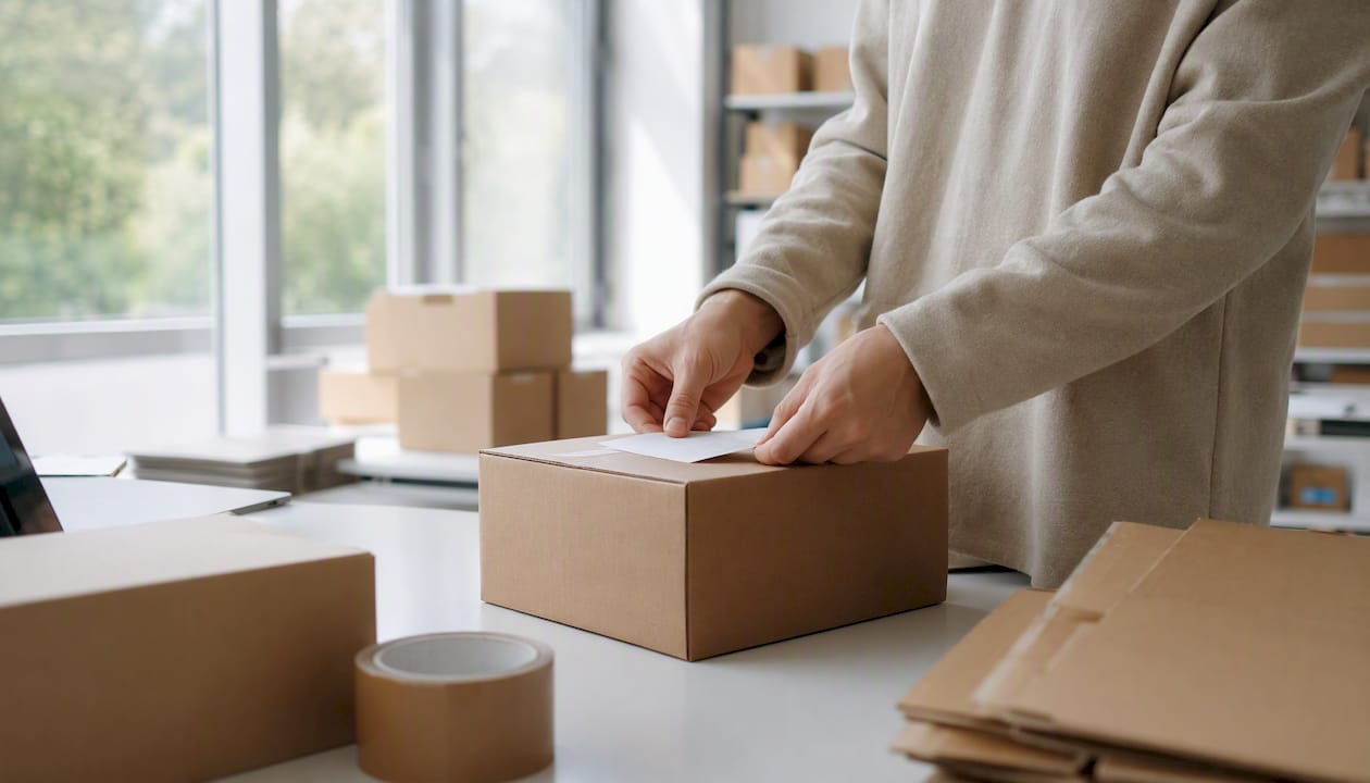 In het magazijn worden webshoppakketten zorgvuldig met de hand ingepakt.