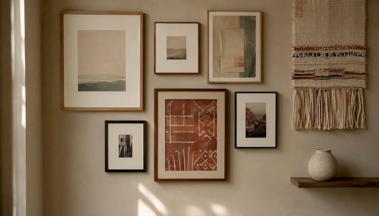 Balanced gallery wall with mixed art and objects