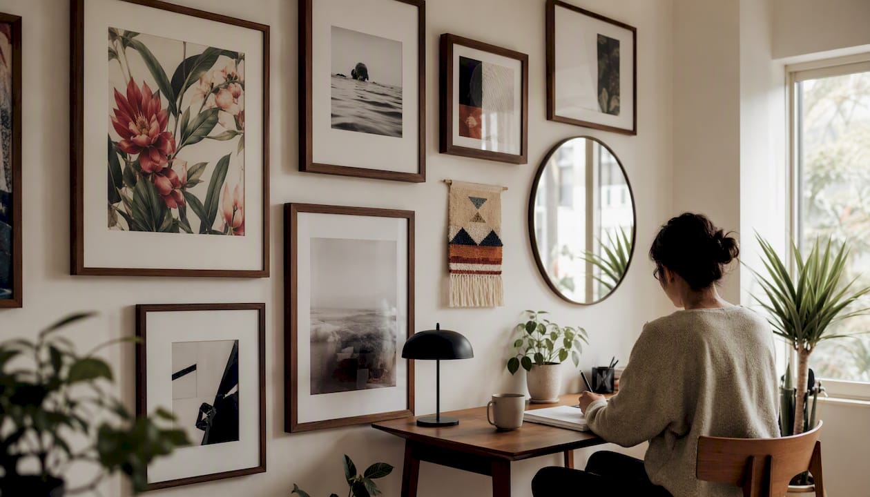 Gallery wall with consistent frames and mixed media