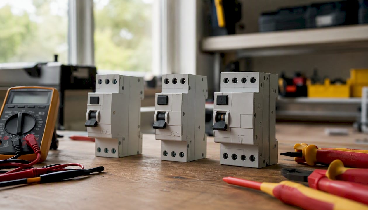 Detailfoto van verschillende types aardlekschakelaars