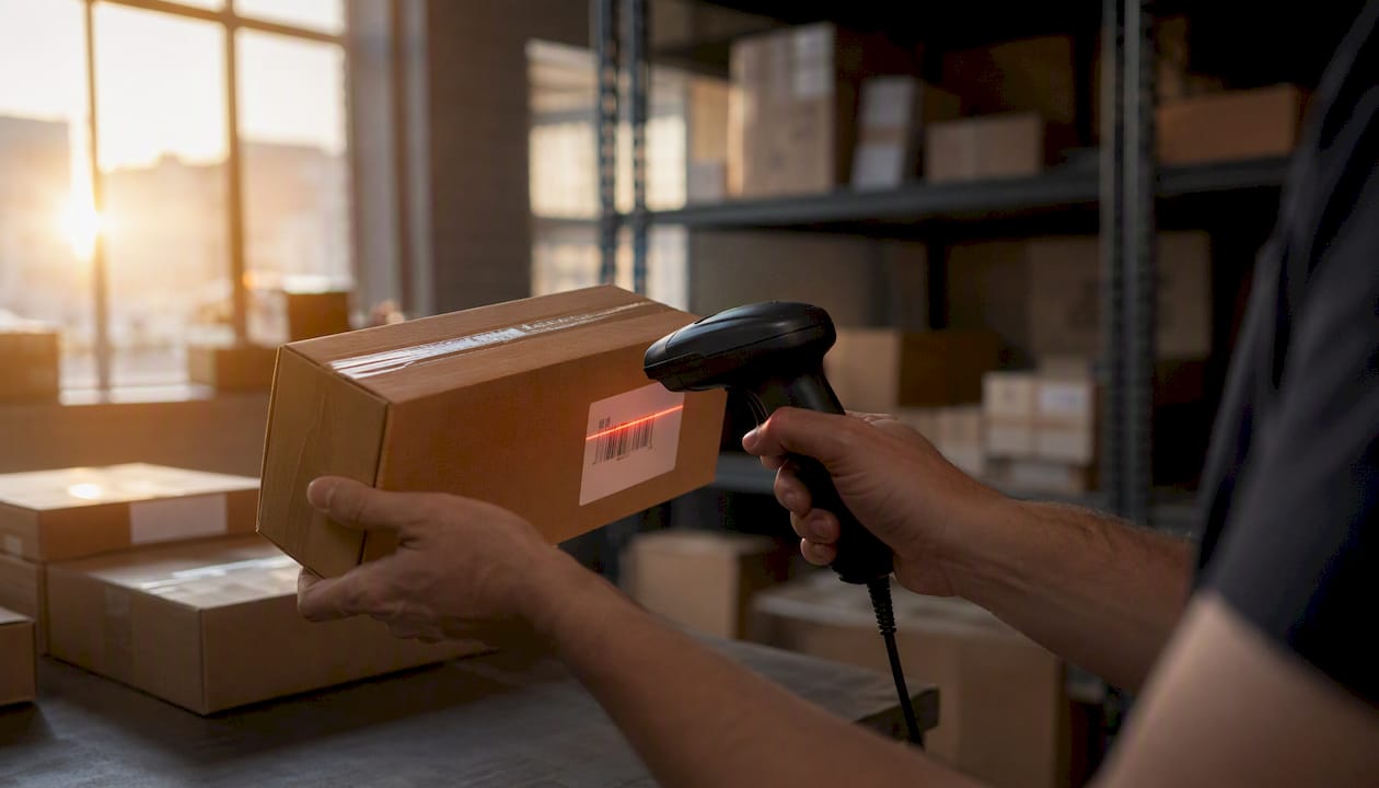 Een medewerker scant de barcode op een pakket in het magazijn.