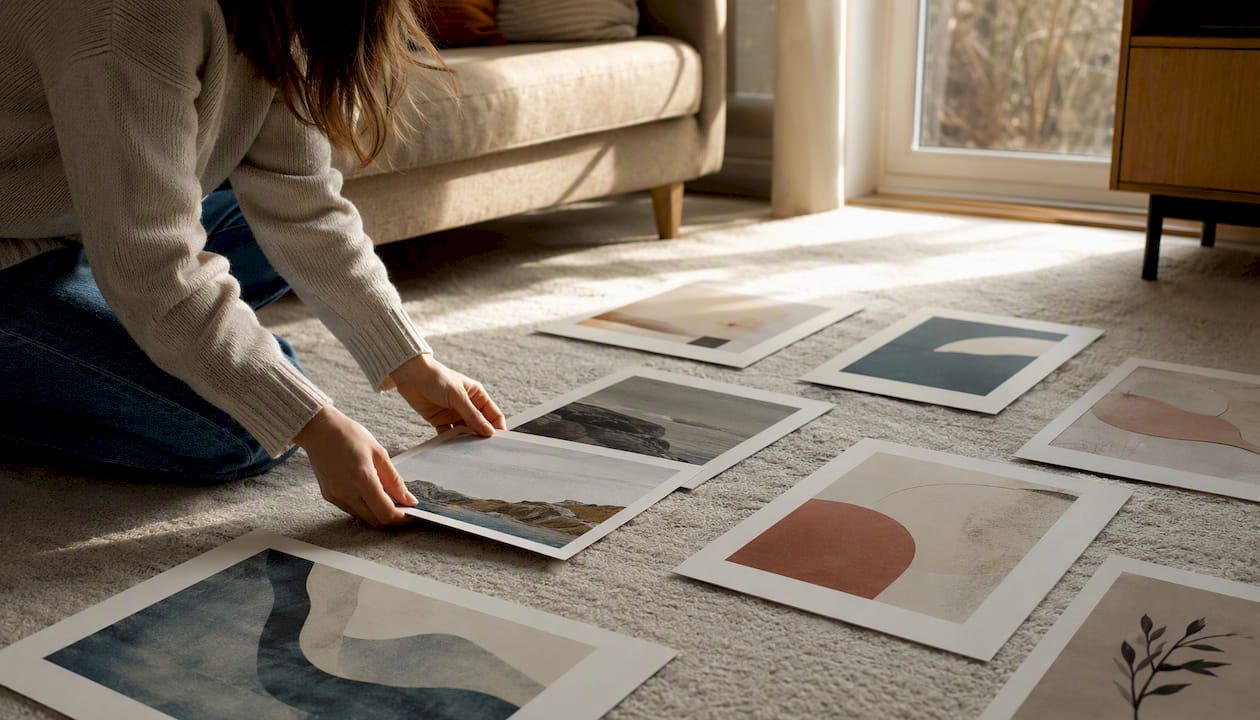 Hands arranging Scandinavian art prints on floor