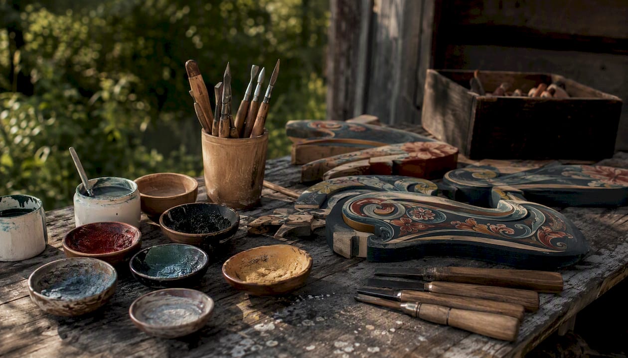 Traditional Nordic folk art crafts on table