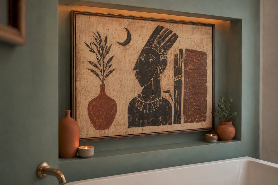 Custom-sized framed canvas art in bathroom alcove