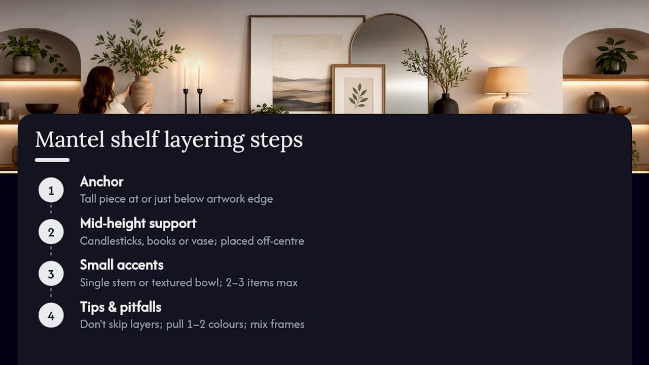 Diagram of mantel shelf layering steps