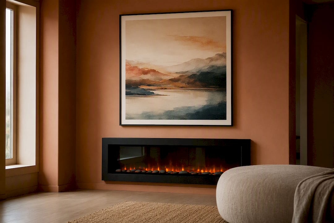 Minimalist overmantel with single large framed seascape