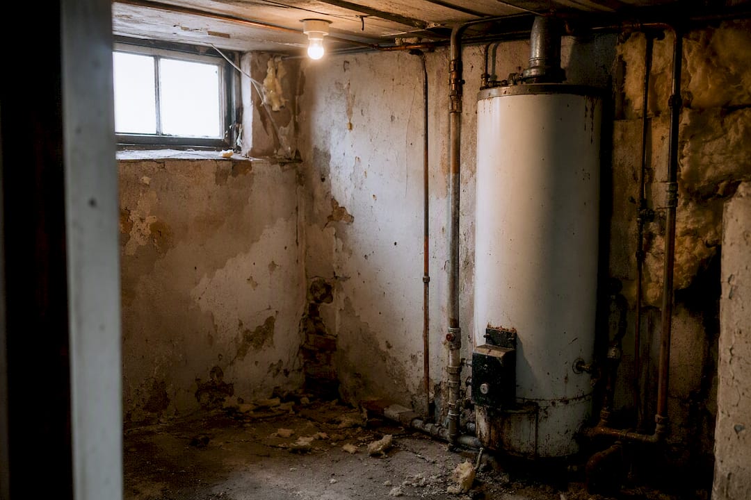Oude cv-ketel en leidingen in het souterrain van de bijkeuken