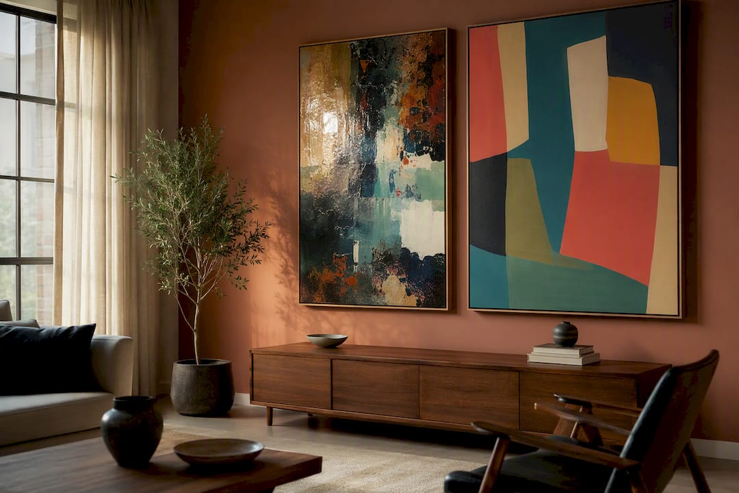 Living room with oil and acrylic paintings displayed