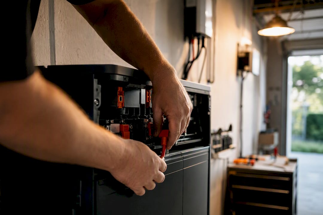 Handen die een thuisaccu bedraden in de technische ruimte