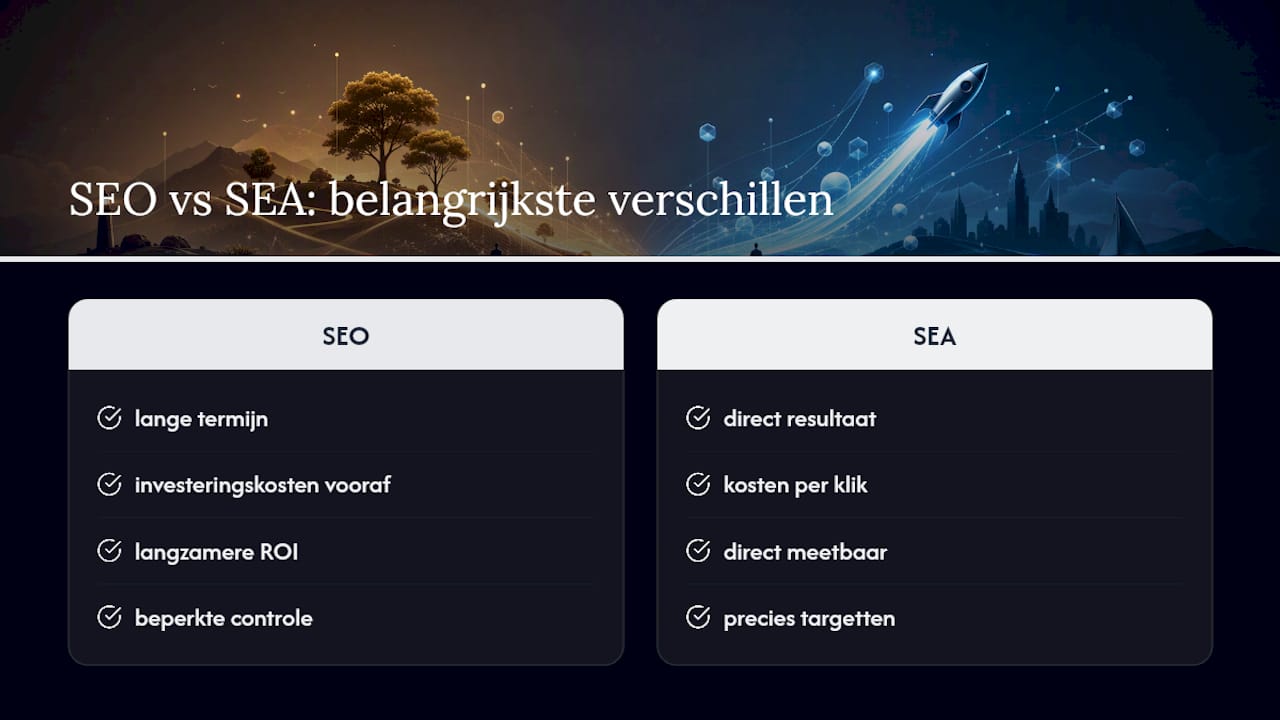 Diagram dat SEO en SEA vergelijkt op zes verschillende punten
