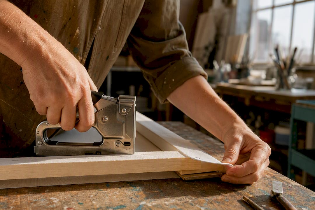 Hands stapling canvas edges