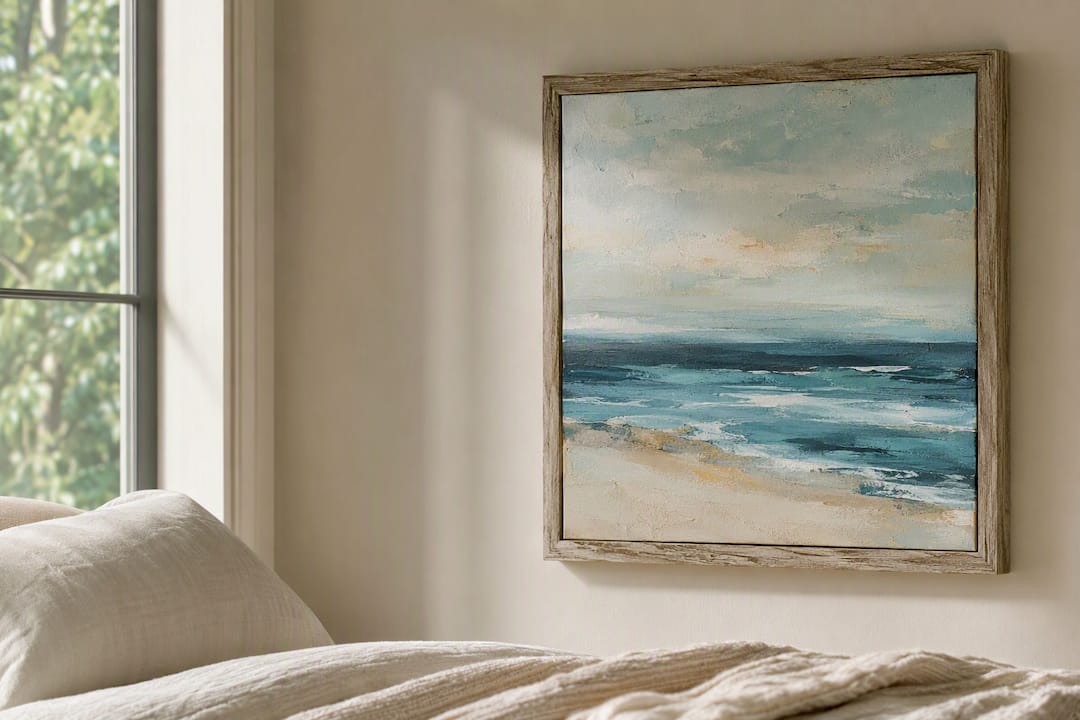 Textured abstract seascape wall art with timber frame