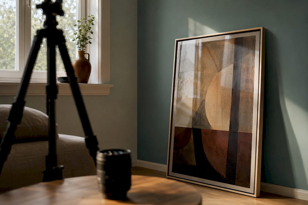 Framed art photographed in living-room light