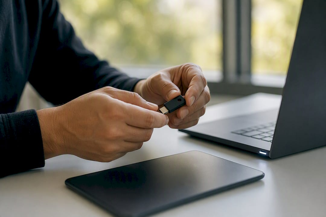 Handen die een beveiligingssleutel vasthouden bij een smartphone en laptop
