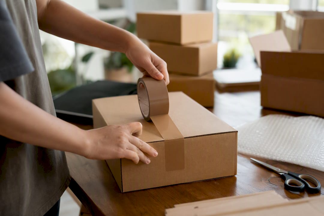 Handen die een verzenddoos dichtmaken voor een e-commerce bestelling