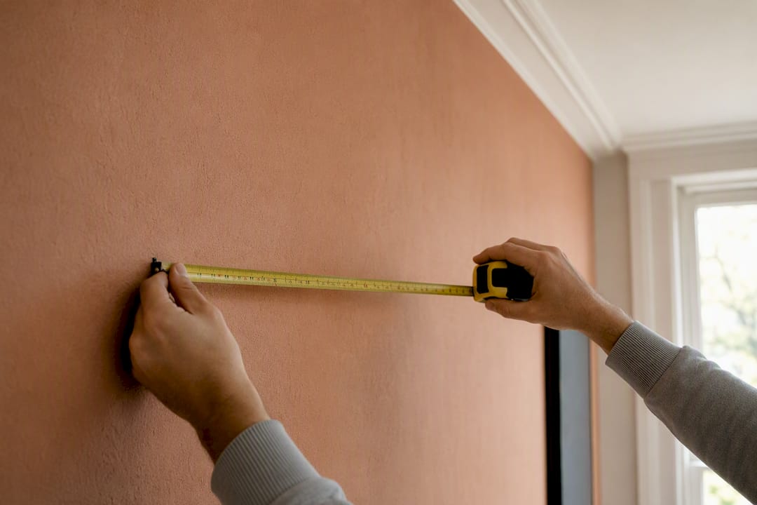 Tape measure held on high wall for art sizing