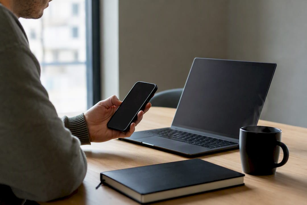 Handen die een smartphone vasthouden naast een tablet op een bureau