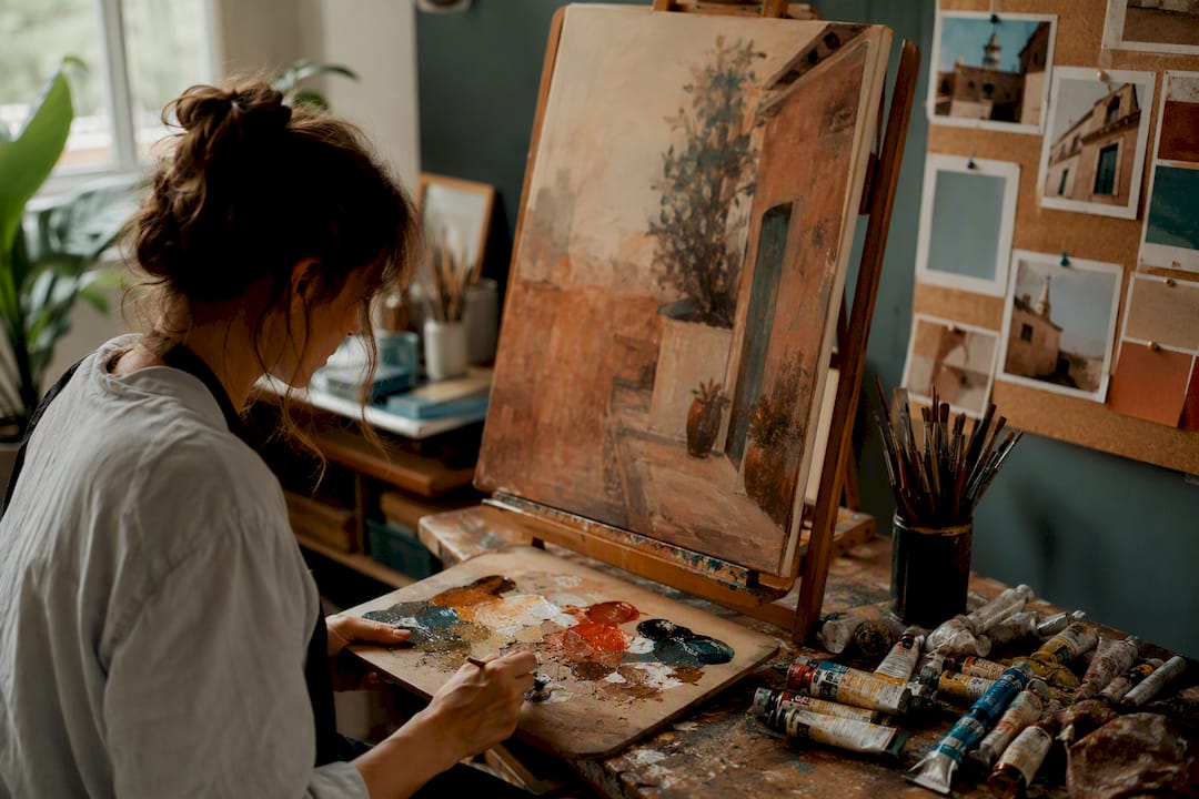 Artist mixing paint for custom wall art