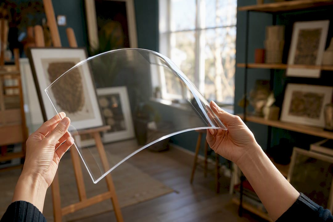 Hands flexing acrylic sheet in workshop