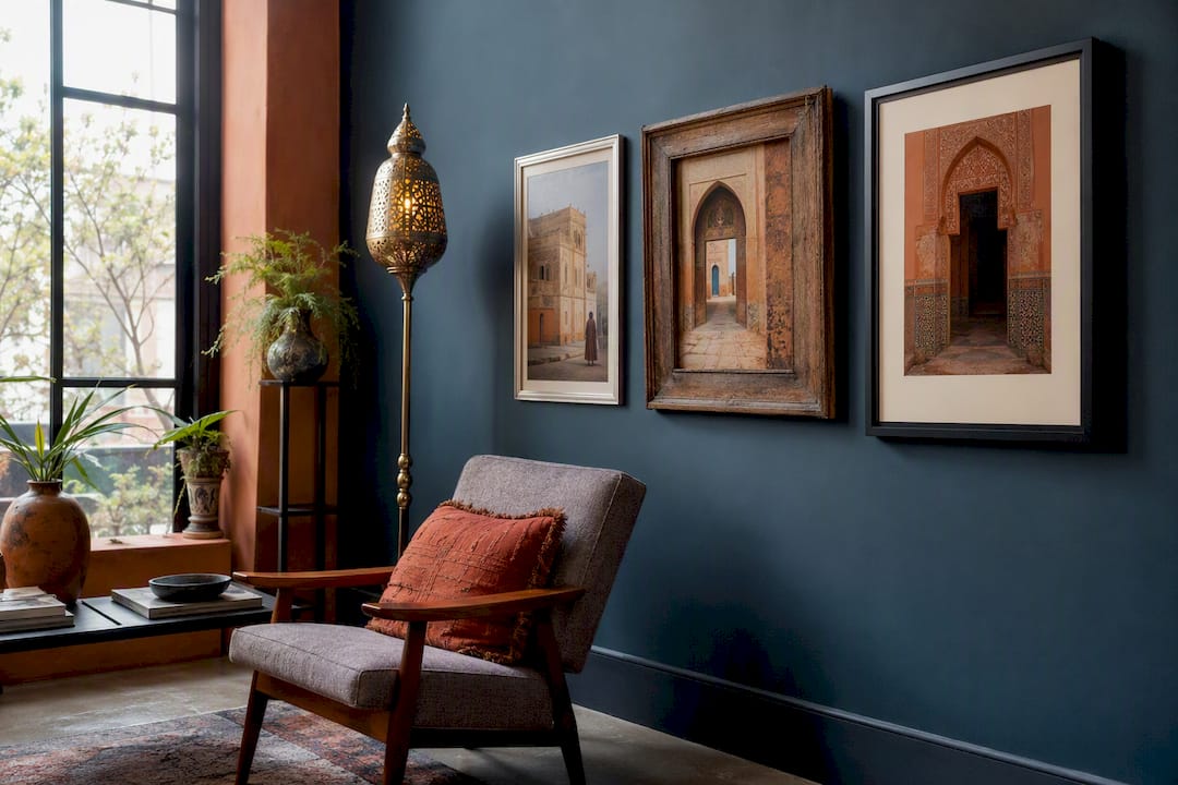 Three different frame finishes on canvases in a styled living room