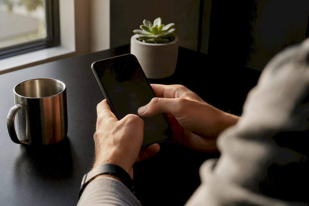 Handen die over een donker scherm van een smartphone scrollen