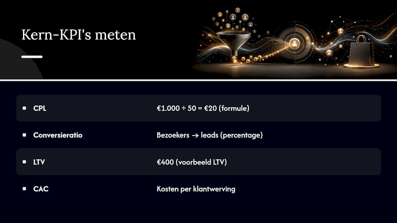 Meten: KPI's, CPL en hoe je de ROI van leadgeneratie berekent — overview diagram