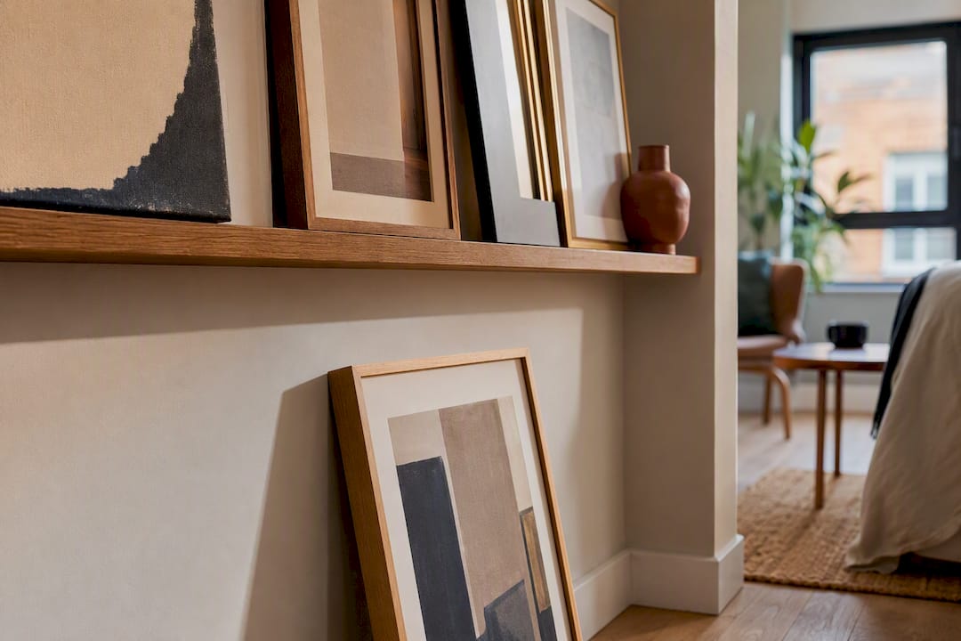Art displayed on shelf without wall fixings