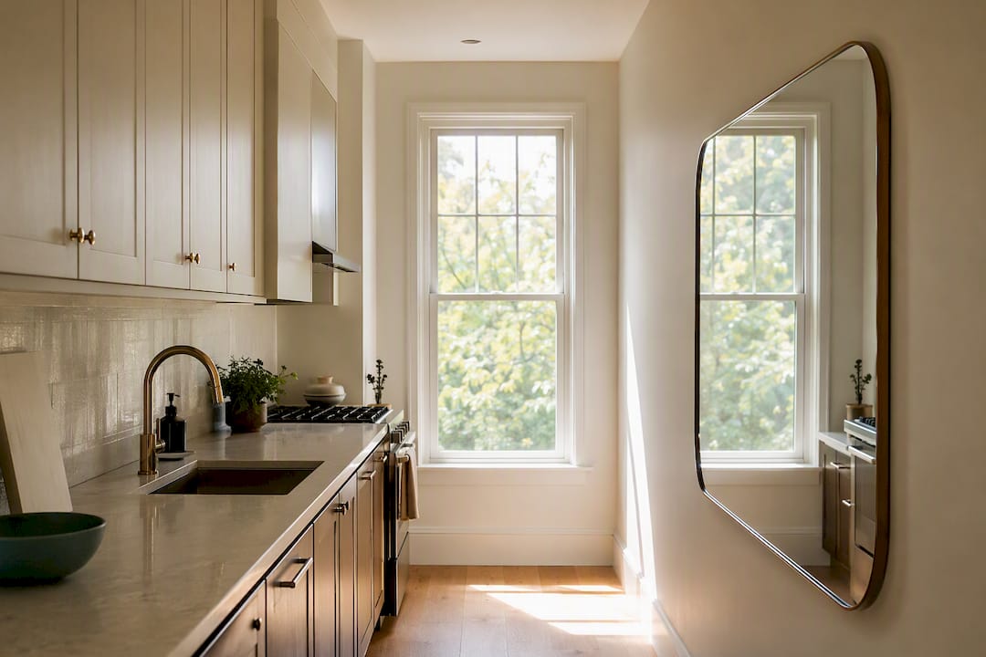 Mirror reflecting light across a galley kitchen
