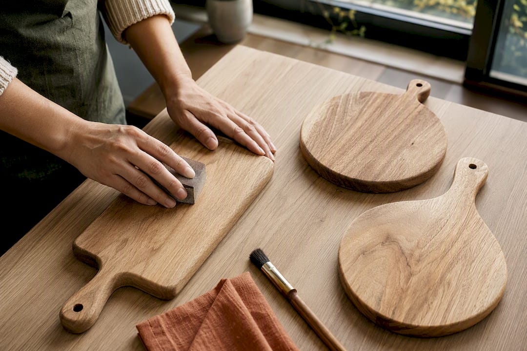 Hands sanding wooden boards for kitchen wall art