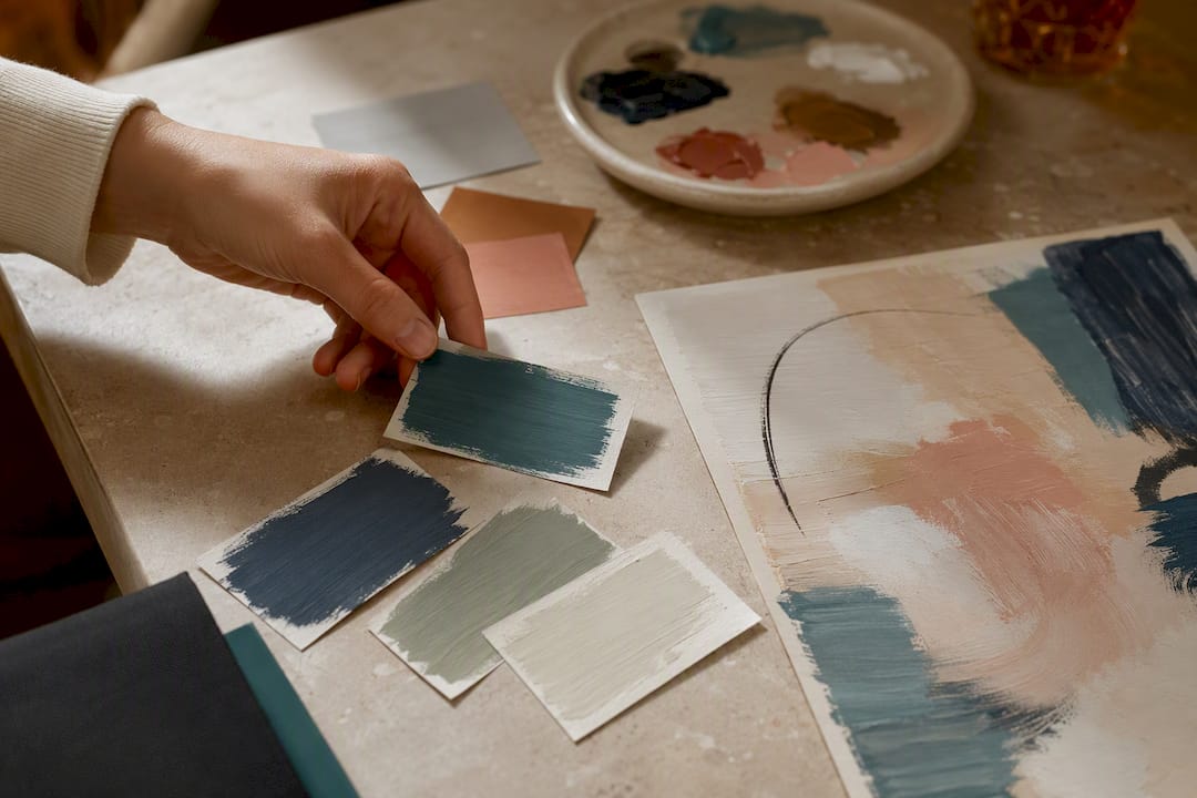 Hand selecting abstract painting colour swatches