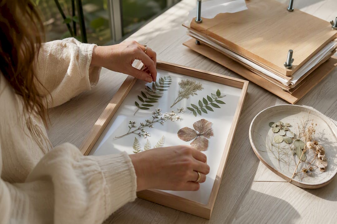 Hands arranging pressed botanicals in a frame