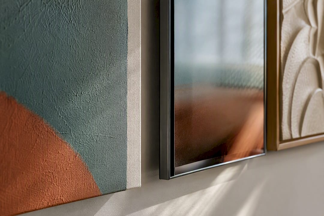 Close-up of varied hallway art textures