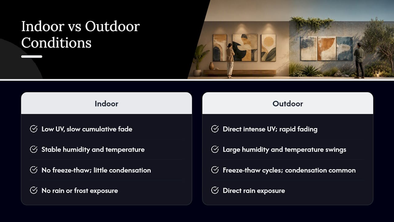 Indoor and outdoor wall art conditions compared