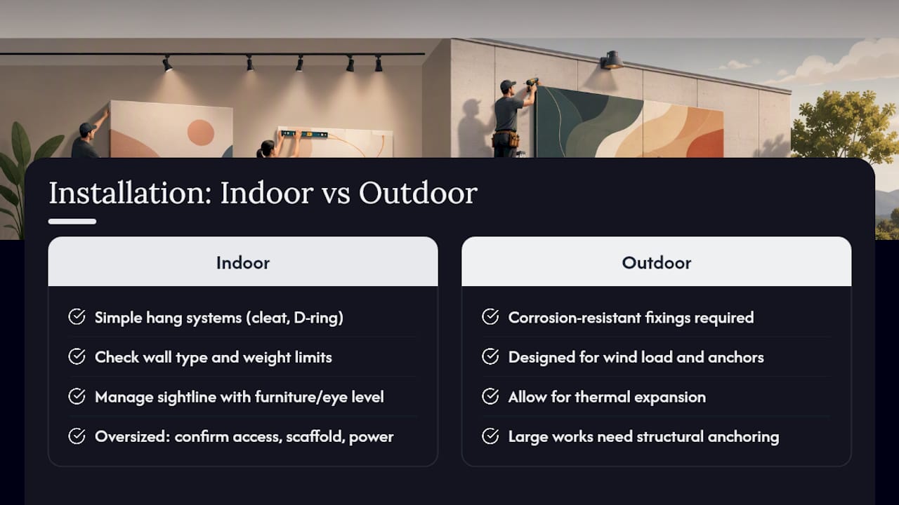 How does installation differ for indoor and outdoor pieces? — overview diagram
