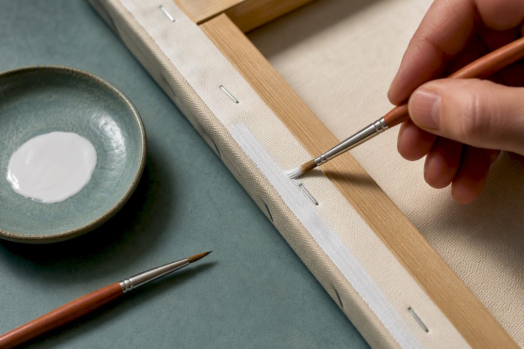 Gesso barrier beside canvas staples